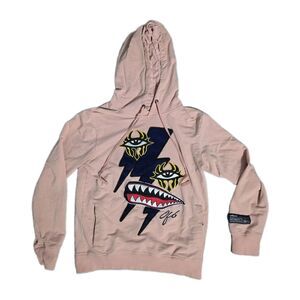 Offbeat Graphic Hoodie Pink Lightning Eye Shark Teeth Pullover Sweatshirt Sz S